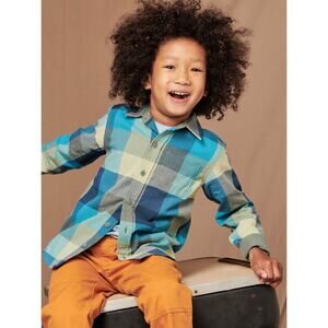 Tea Toddler Boys Button Up Shirt 4 Cotton Teal Grey Navy Plaid Logo NWT
